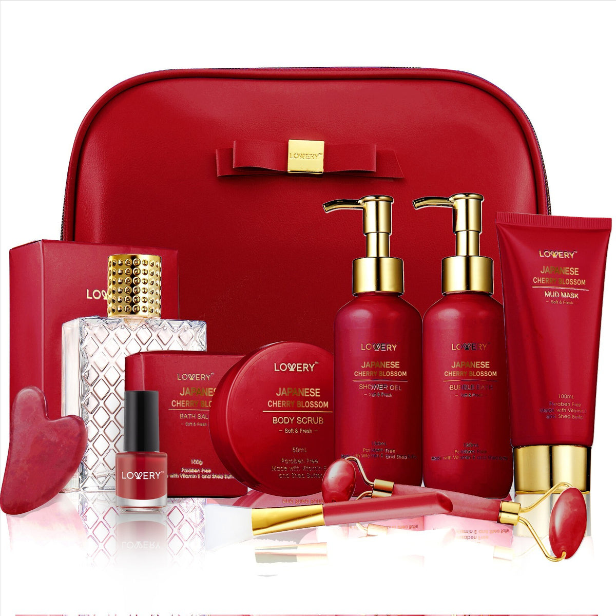Luxury Japanese Cherry Blossom Spa Gift Set with Leather Cosmetic Bag