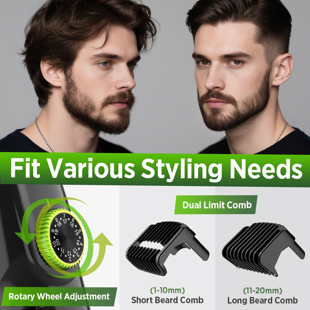 Rechargeable Vacuum Beard Trimmer for Men, Waterproof, Adjustable Length