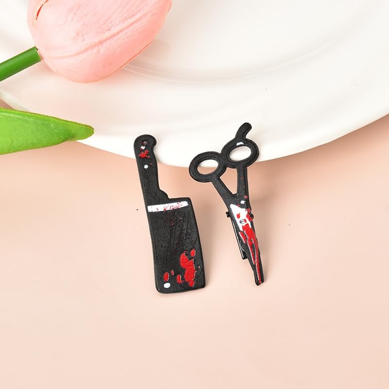 Gothic Halloween Blood Hair Clips - Scissor & Knife Shaped Accessories, Pack of 2
