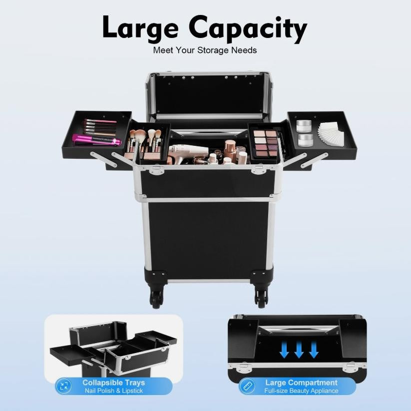 Professional Rolling Makeup Case with Metal Travel Luggage Storage