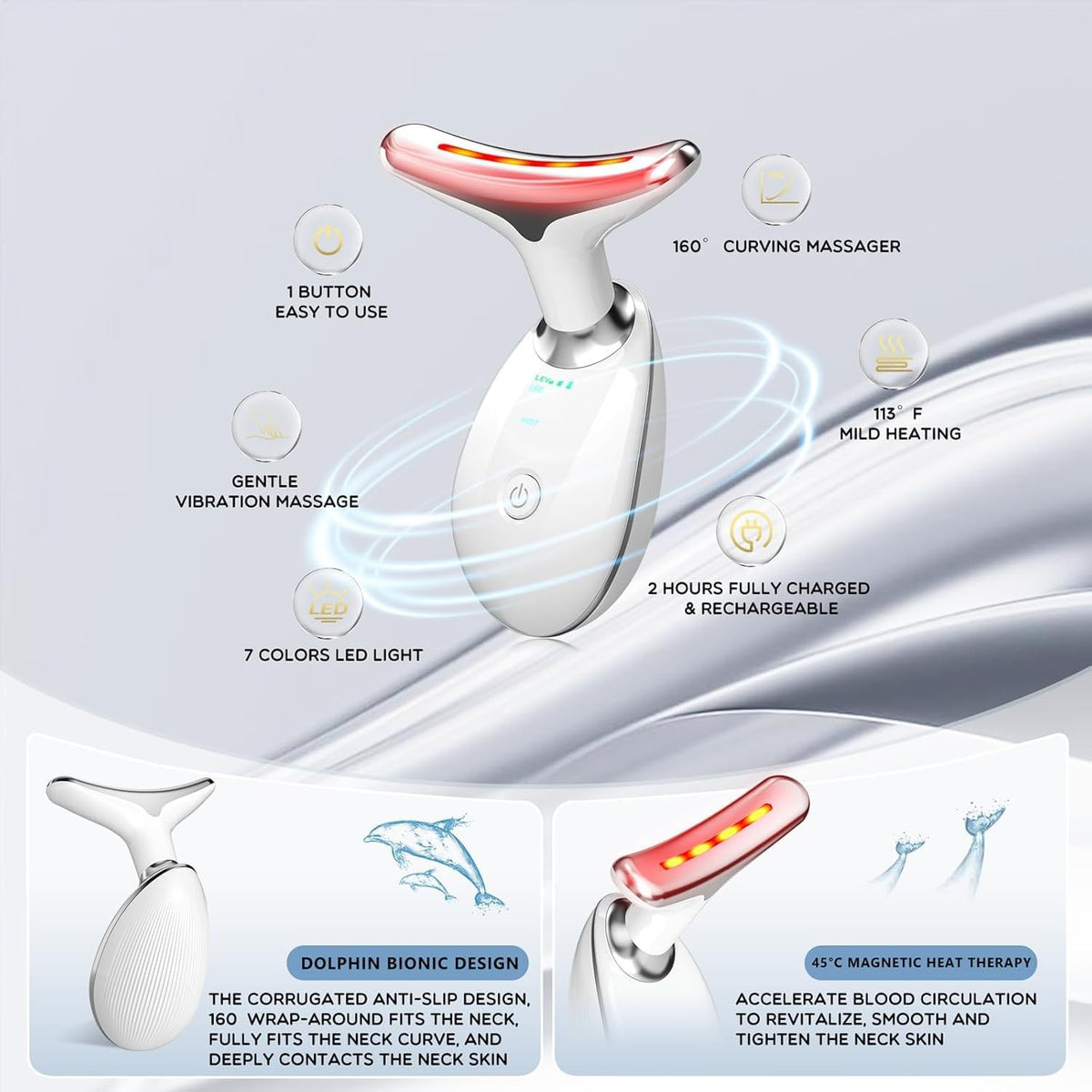 7-in-1 Face Massager with Red Light Therapy & Heat - Small White-Silver