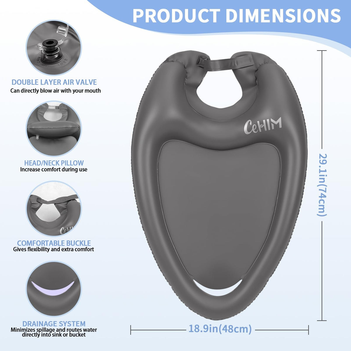 Inflatable Portable Shampoo Basin for Bedridden Hair Washing - Grey, Large
