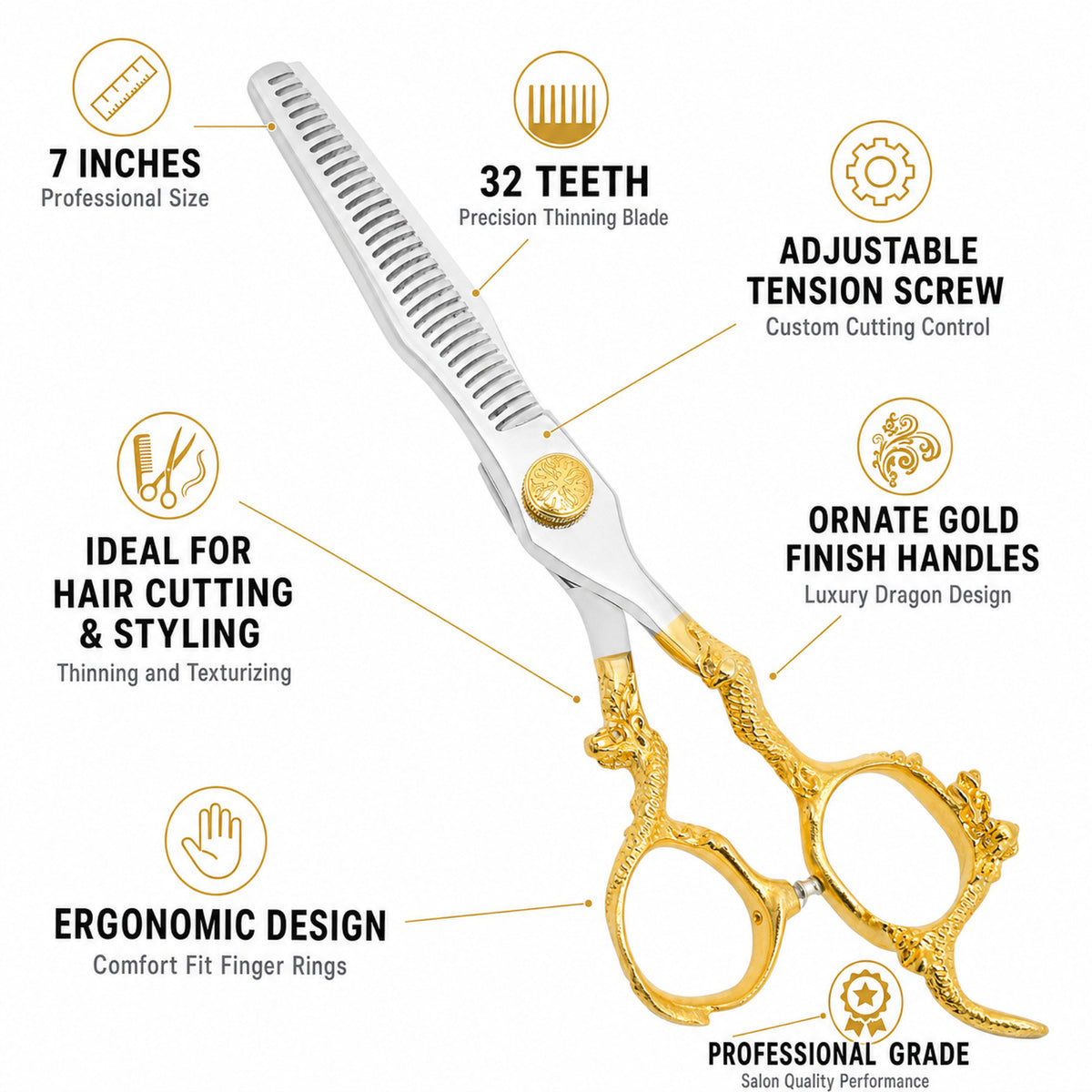 Professional Hair Cutting & Thinning Shear Set - 7" with Gold Handles