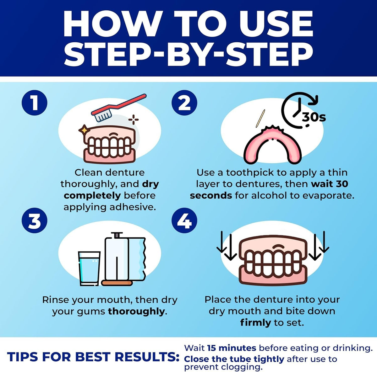 Waterproof Denture Adhesive - Zinc-Free Extra Strong Hold for Upper & Lower Dentures