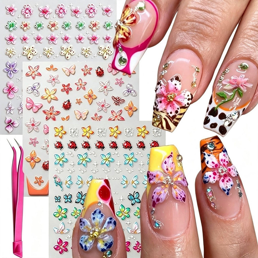 3 Sheets 5D Tropical Floral Nail Art Stickers with Tweezers - Embossed Design