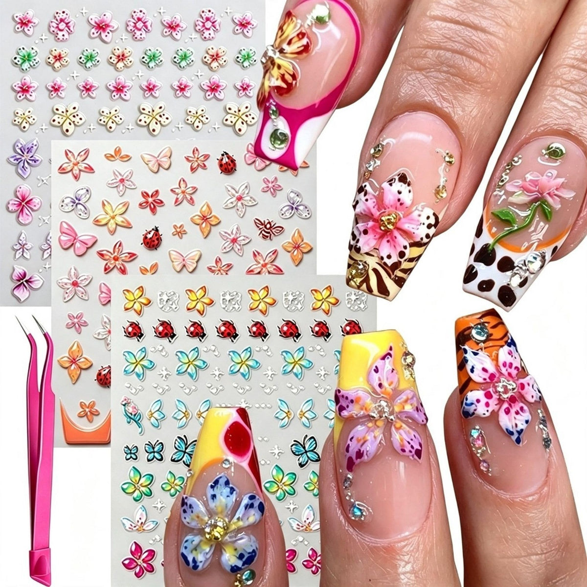 3 Sheets 5D Tropical Floral Nail Art Stickers with Tweezers - Embossed Design