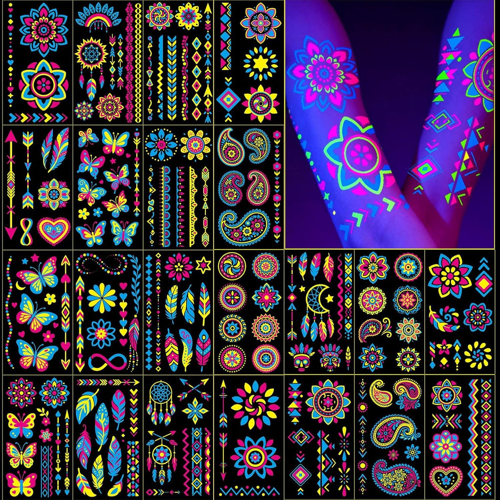 Glow-in-the-Dark Temporary Tattoos – 192+ Neon UV Blacklight Body Art Sheets