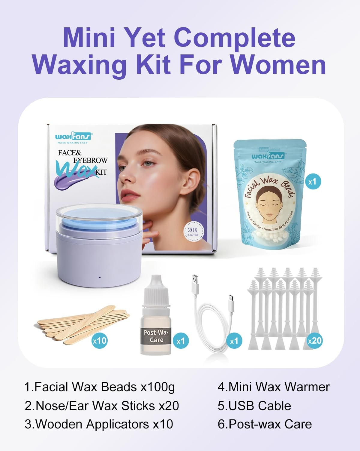 Face Waxing Kit for Women - Eyebrow & Facial Hair Removal Set with USB Mini Wax Pot