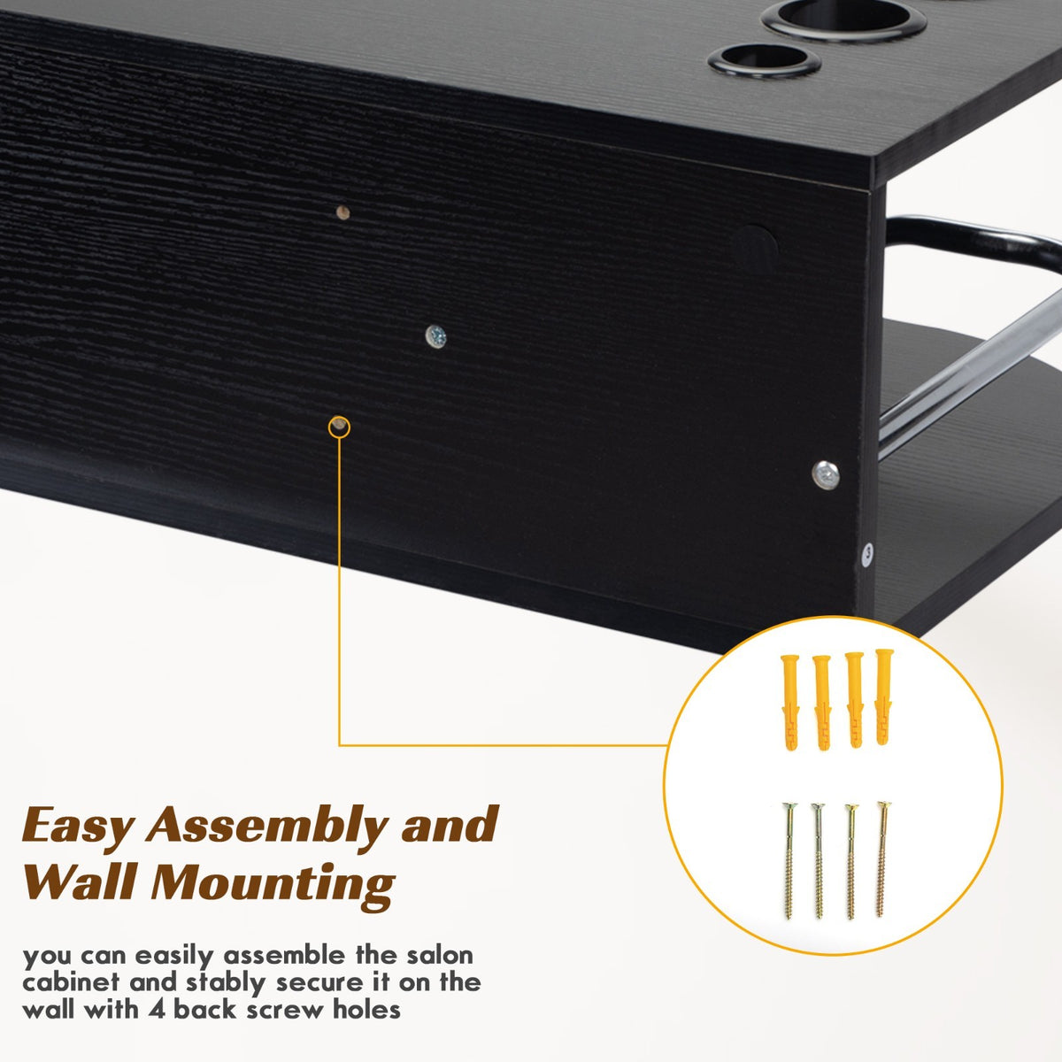 Wall Mounted Salon Station with 2 Drawers and 5 Tool Holders - Black
