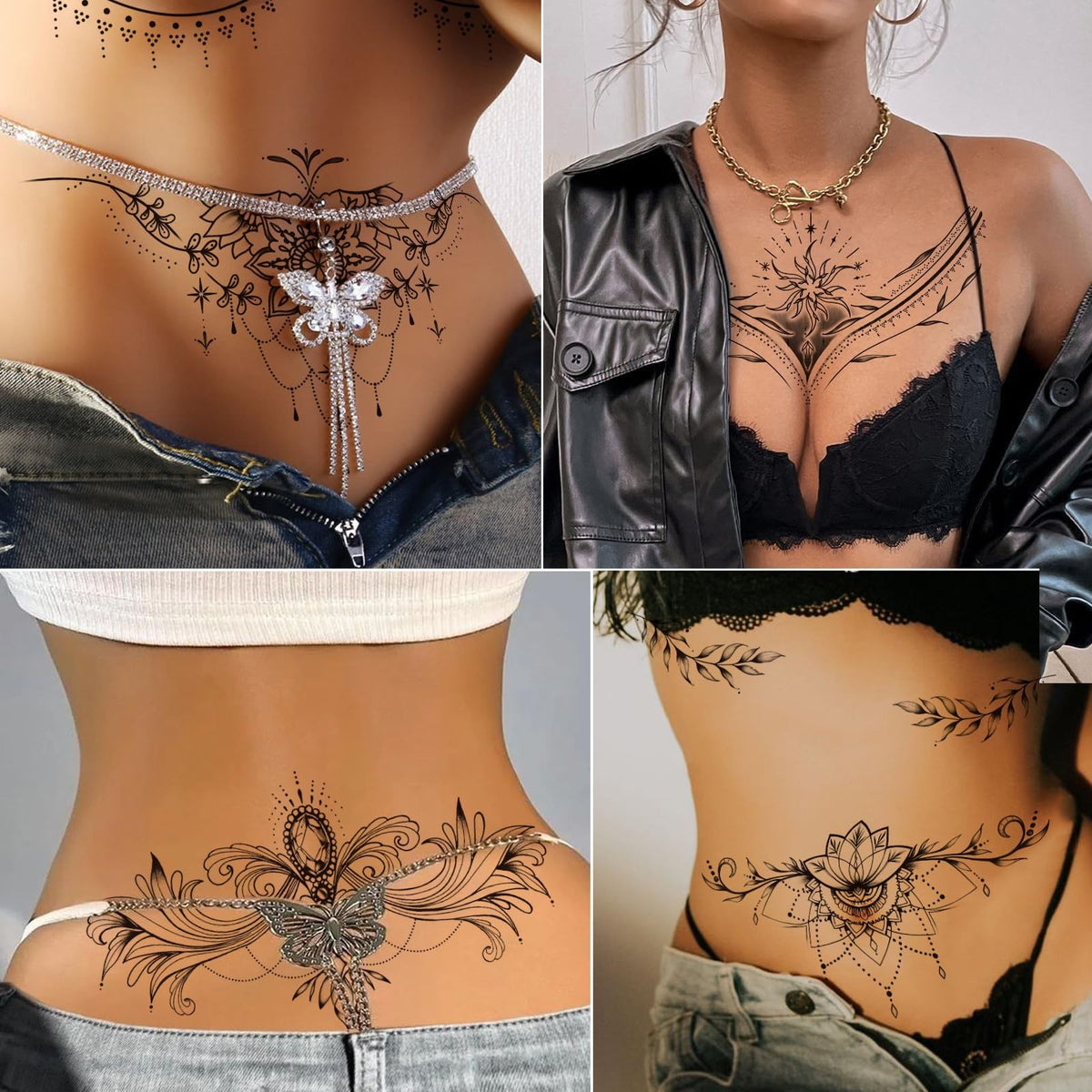 Black Flower Chest Underboob Temporary Tattoos for Women