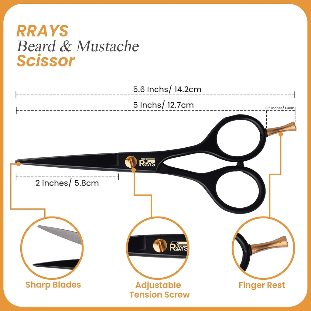 German Mustache Scissors for Men with Beard Comb & Travel Pouch - 5 Inch