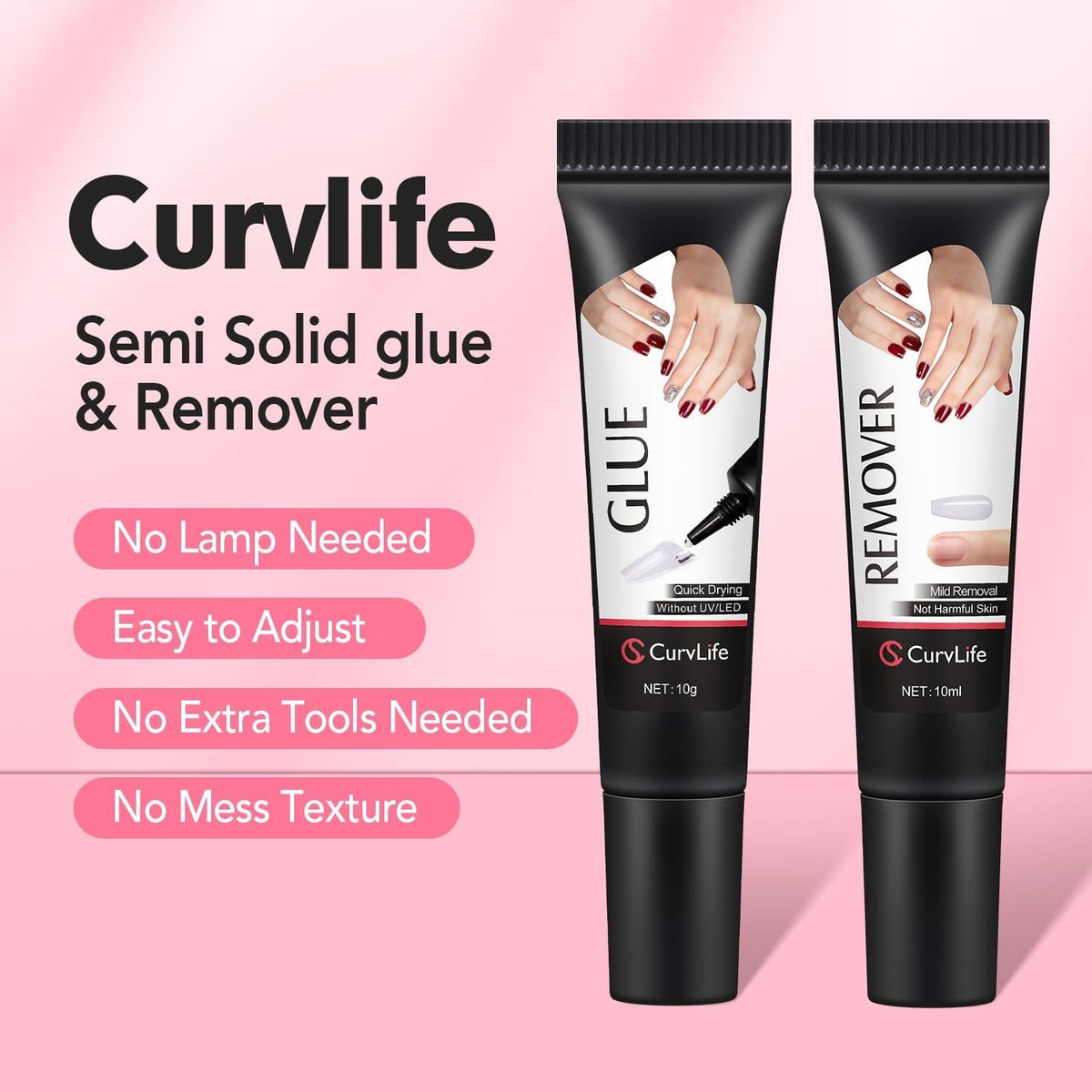 Nail Glue & Remover Set - Quick Drying Semi Solid Nail Adhesive 10g & 10ml Remover