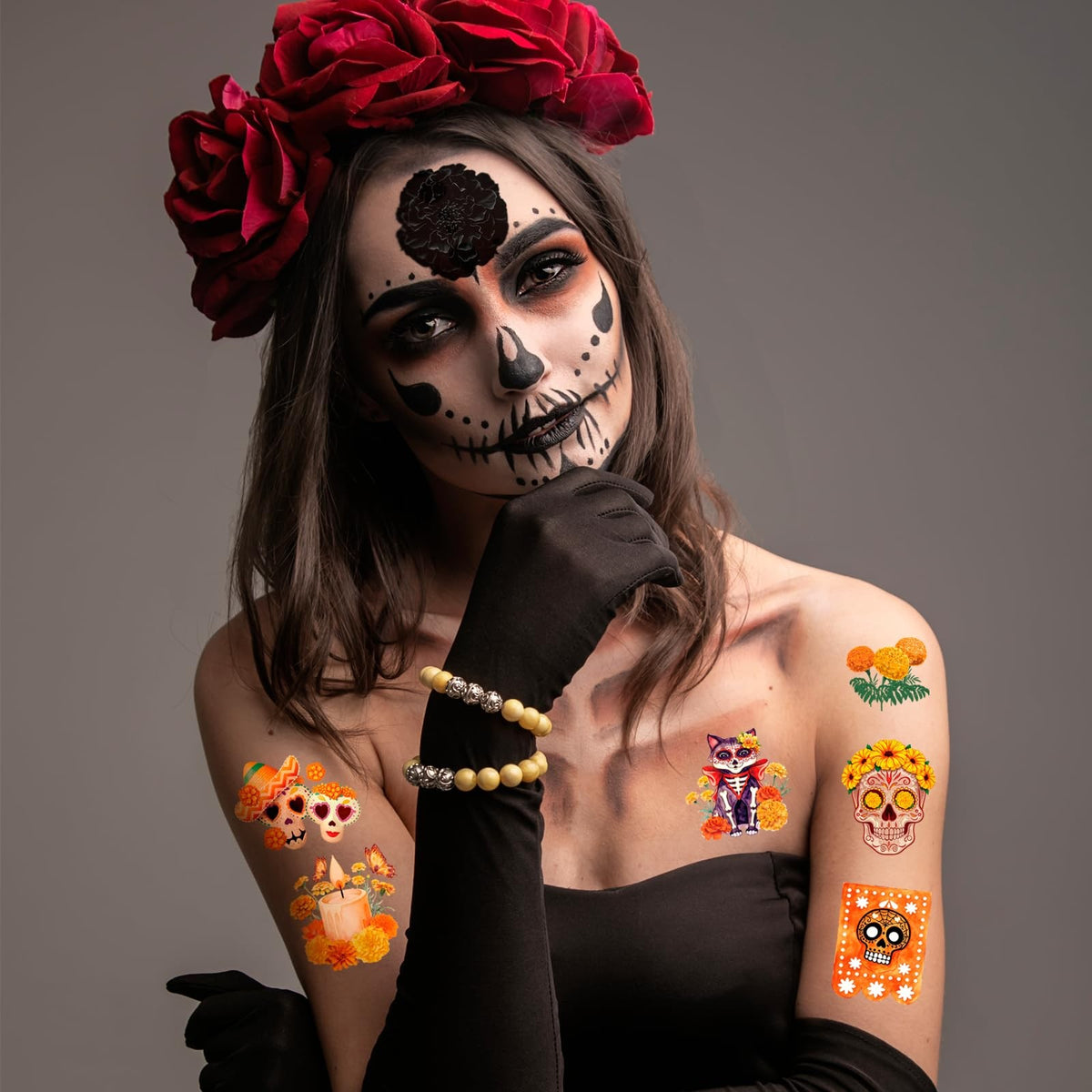 80pcs Day of the Dead Marigold Floral Temporary Tattoos for Halloween & Party Age-Defying Body Art