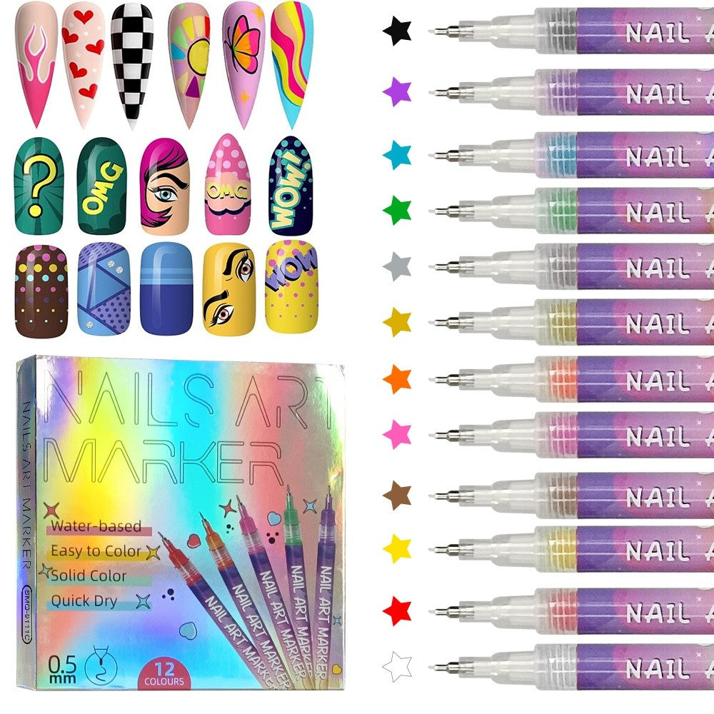 12 Colors Nail Art Pens Set with Fine Tips for DIY Manicure Designs