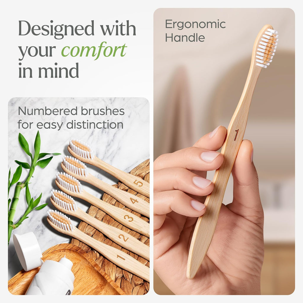 Bamboo Toothbrushes 10 Pack - BPA Free Soft Bristles Eco-Friendly
