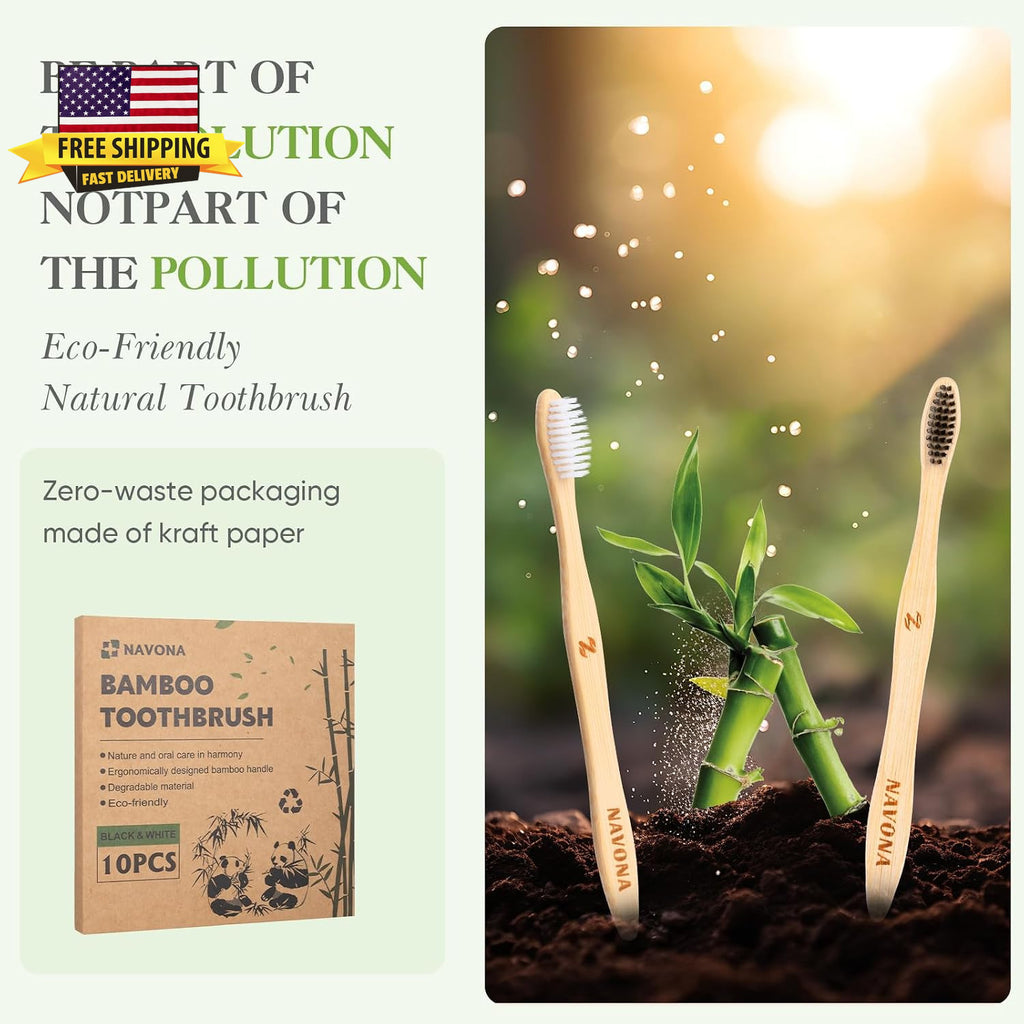 10 Pack Eco-Friendly Bamboo Toothbrushes with Medium BPA-Free Bristles