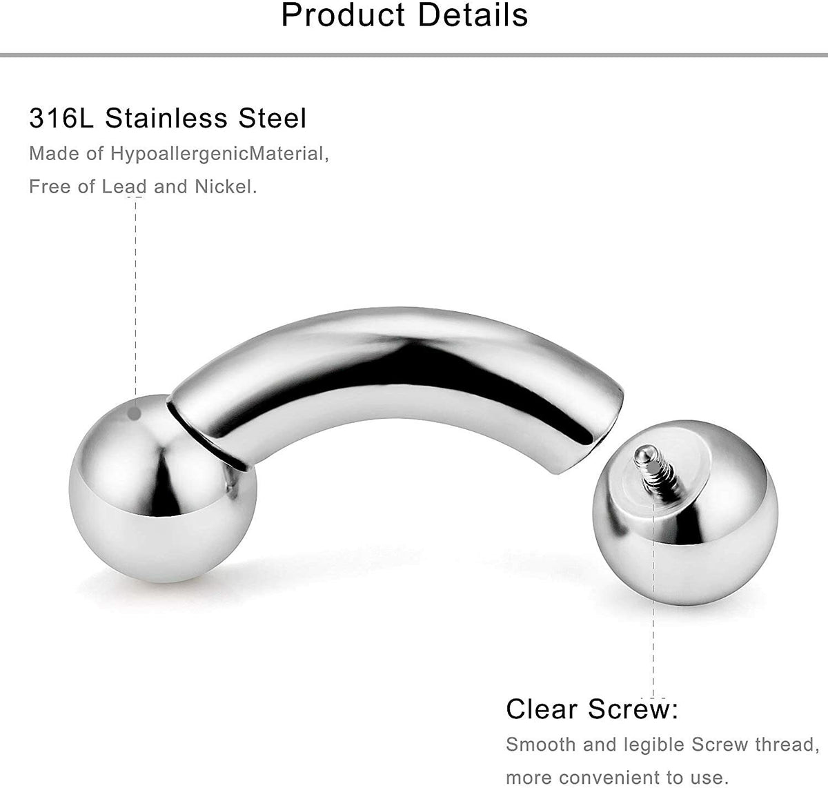 8G Internally Threaded Curved Barbell - 316L Surgical Steel PA Piercing