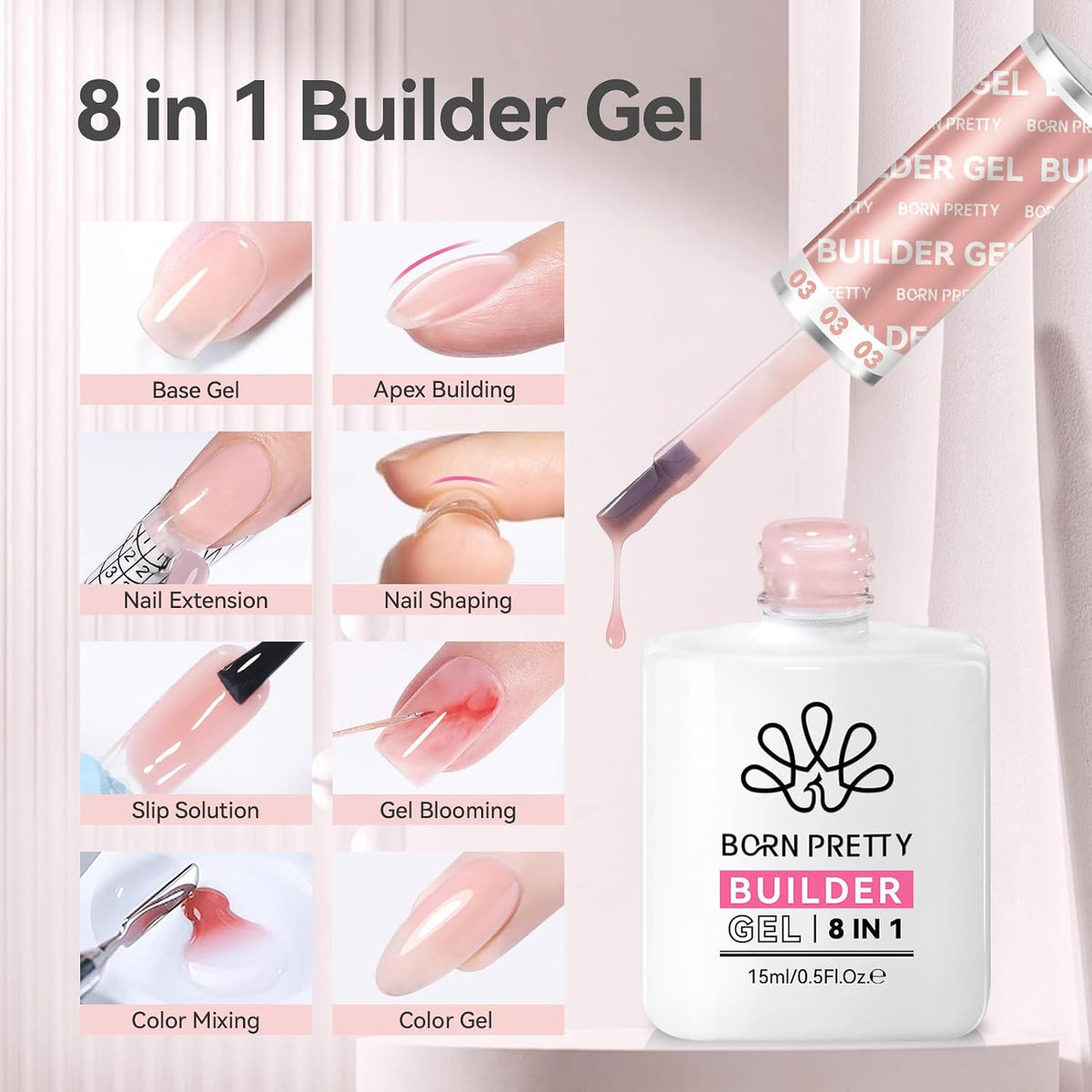 8-in-1 Builder Gel for Nails Pink Extension & Strengthening Gel 15ML