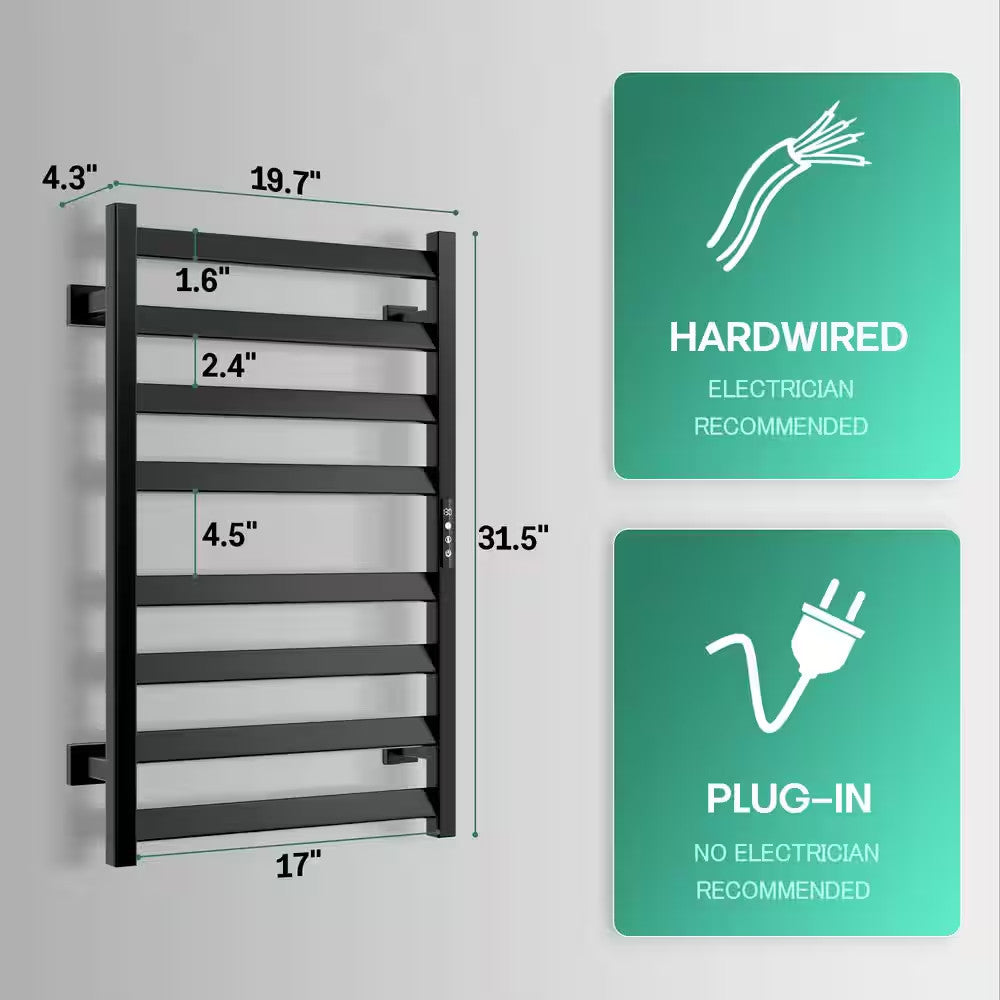 Electric Wall-Mounted Towel Warmer with 8 Bars - Black, Plug-In & Hardwired