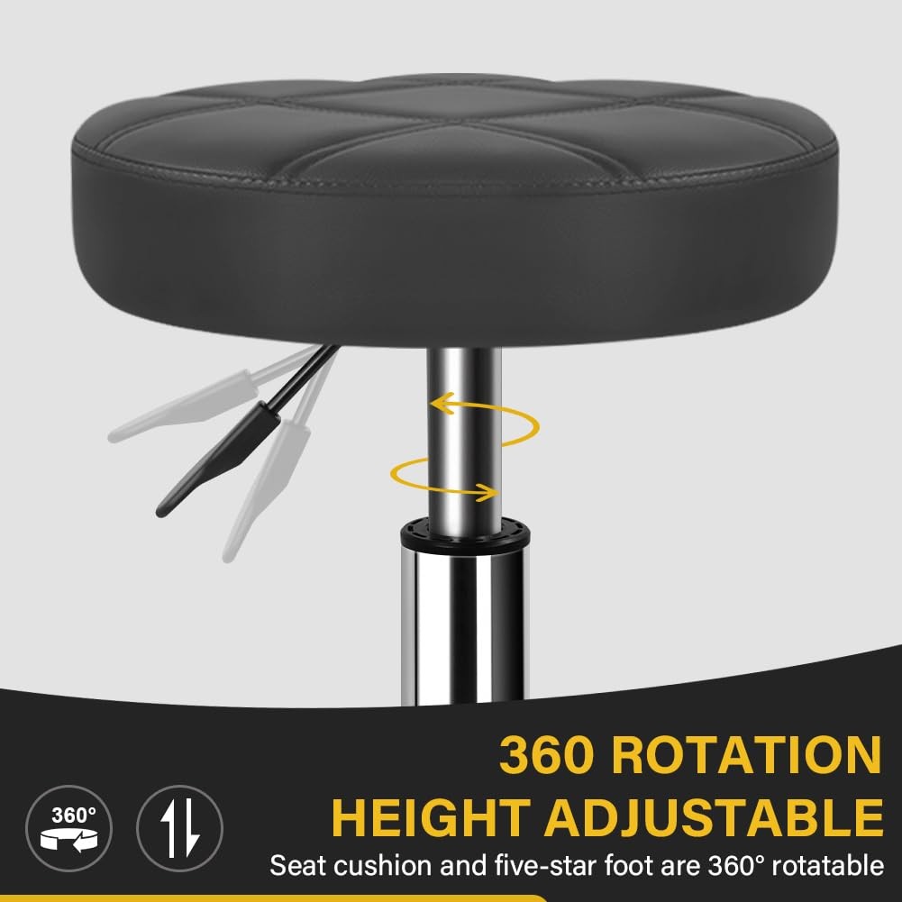Adjustable Rolling Stool with Footrest - PU Leather Seat, Height 25.2 Inches, Grey