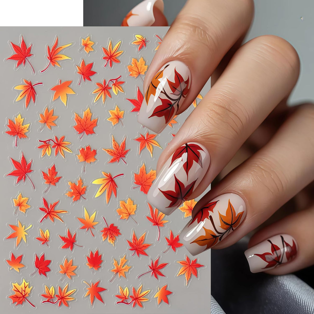 Fall Maple Leaf Nail Stickers - 3 Sheets 5D Self-Adhesive Nail Art Decals