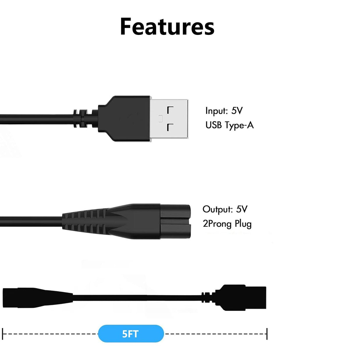 USB Charging Cord for Wahl 9649 Cordless Hair Clippers - 5FT