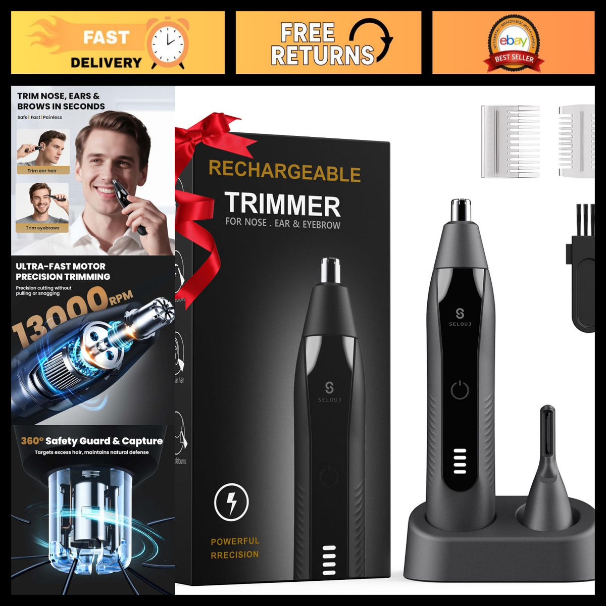 USB Rechargeable Ear & Nose Hair Trimmer - Waterproof, Painless Grooming Kit