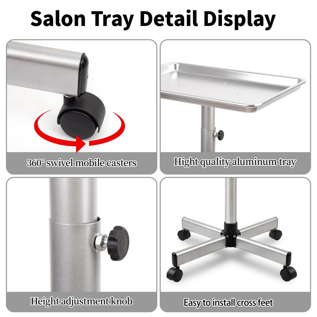 Adjustable Salon Color & Tattoo Tray Cart with Wheels, Height Adjustable