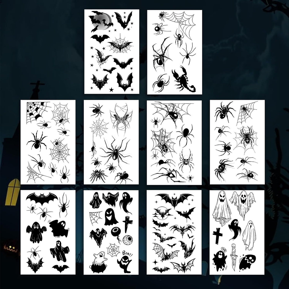 Halloween Face Temporary Tattoos 16 Sheets - Spider, Bat & Freckle Assortment