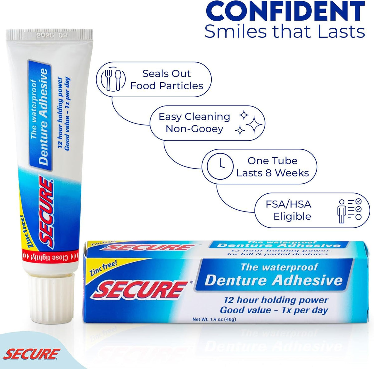 Waterproof Denture Adhesive - Zinc-Free Extra Strong Hold for Upper Dentures