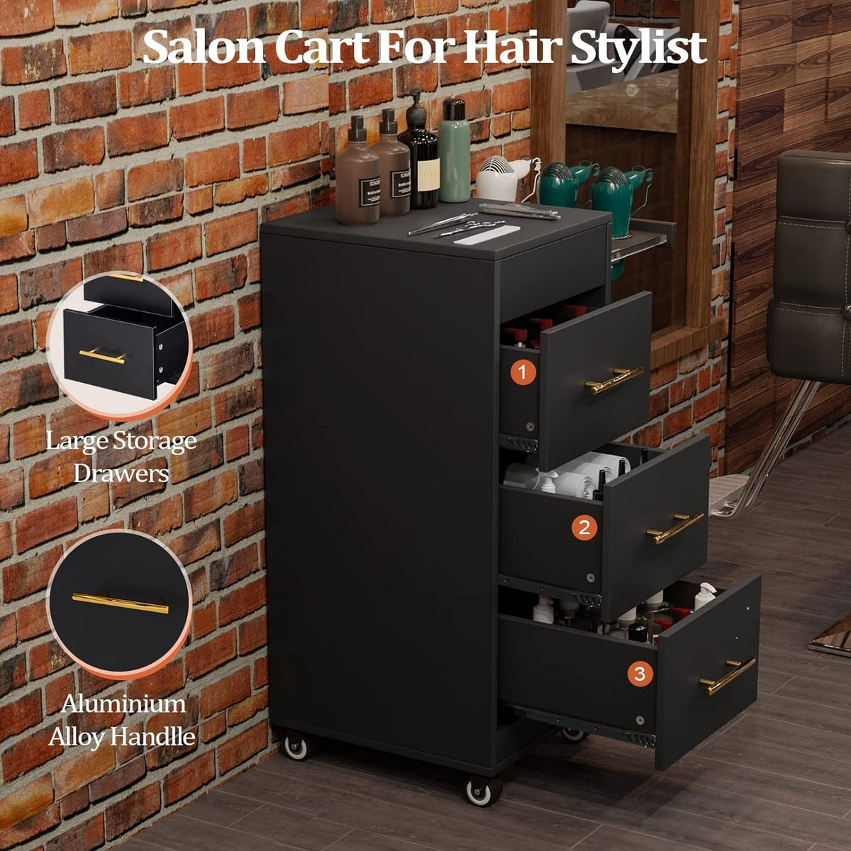 Black Salon Trolley Cart with Wheels and Drawers for Hair Styling Equipment