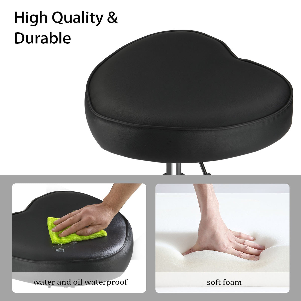Adjustable Salon Stool on Wheels - Heart-Shaped PU Leather Seat, Ergonomic, Height-Adjustable