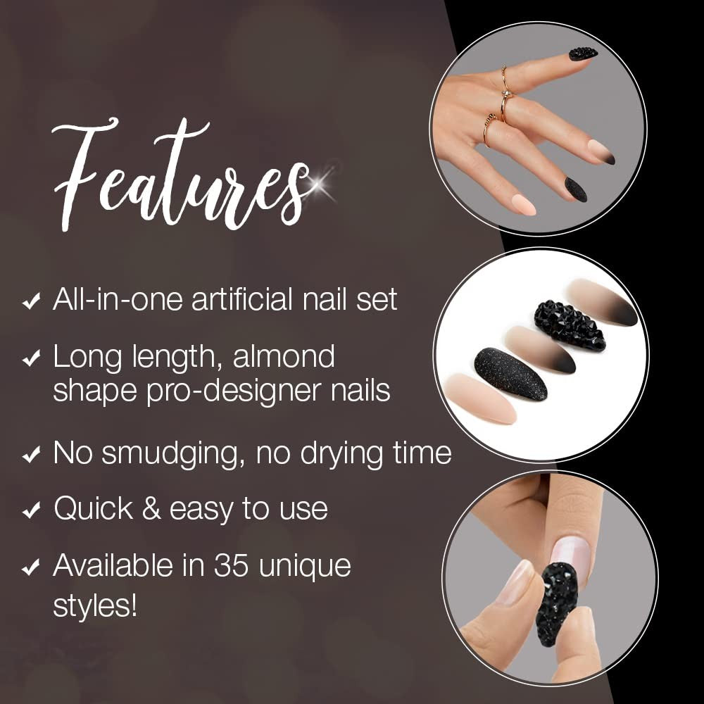 Artificial Nail Set with Pink-Black Ombré & Studs - 24 Press-On Nails for Manicure