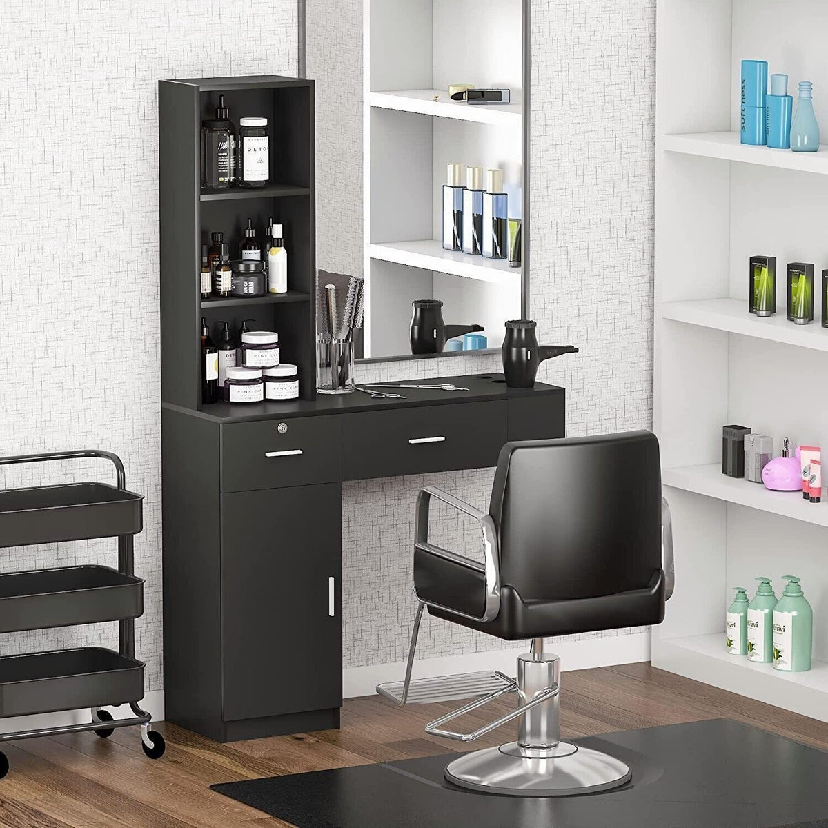 Wall Mount Hair Styling Salon Station with Lockable Drawers and Shelves