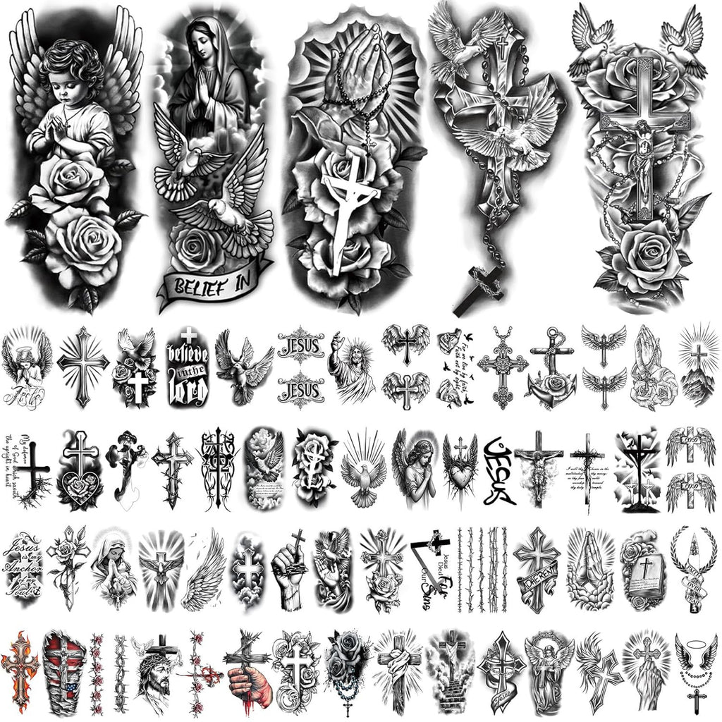 Religious Temporary Tattoos Set - 77 Sheets Christian Cross Angels