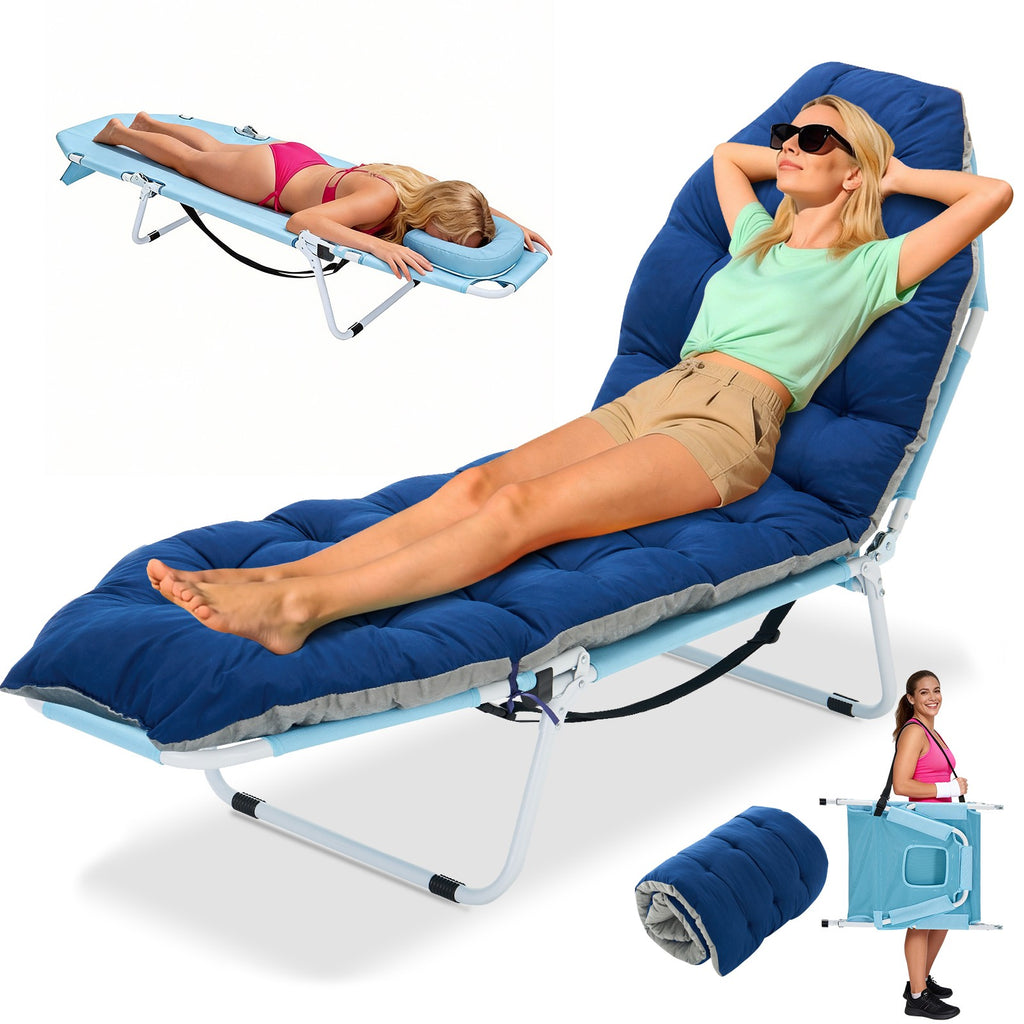 Outdoor Folding Tanning Chair with Face Hole and Mattress, Adjustable Lounger for Sunbathing and Camping