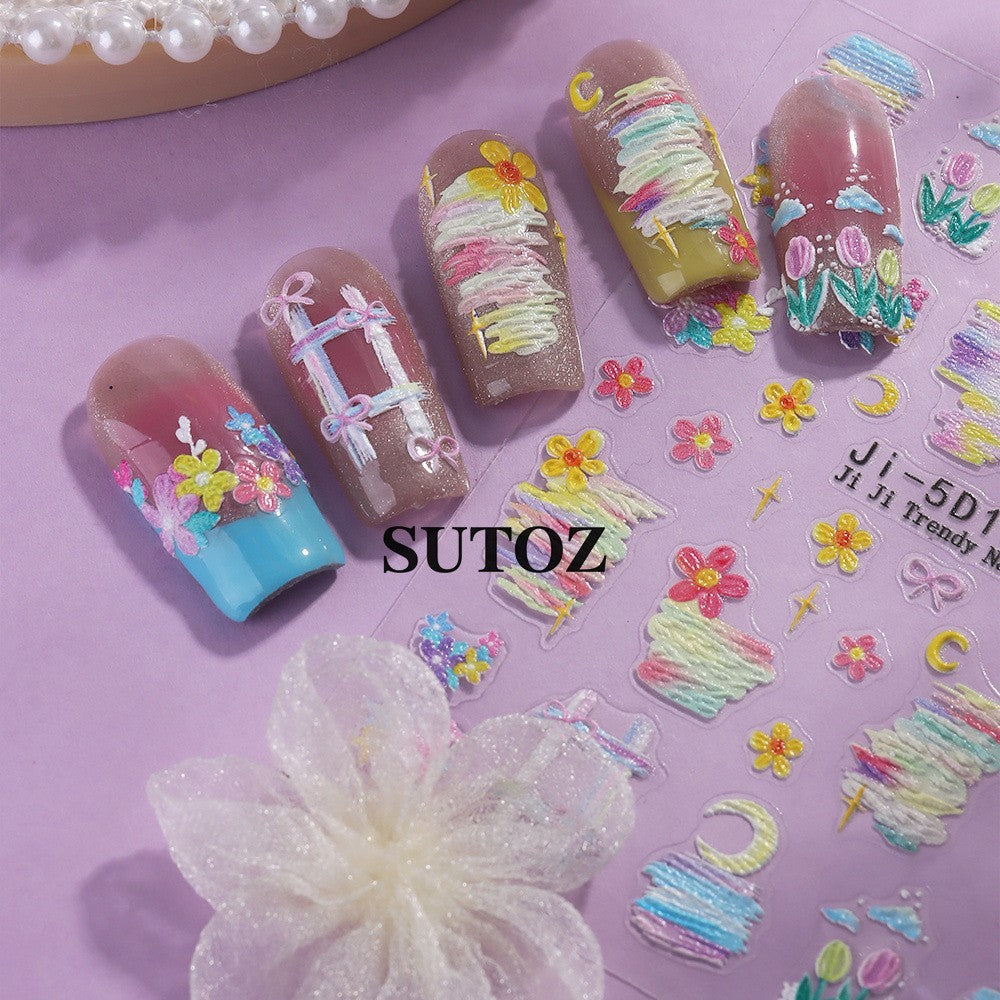 2Pcs Embossed Daisy Flower Nail Stickers for Nail Art Decoration