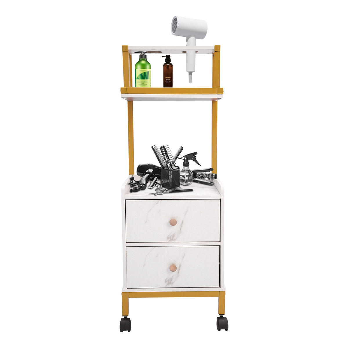 White Gold Barber Cart with 2 Drawers and Storage Rack - Salon Trolley with Wheels