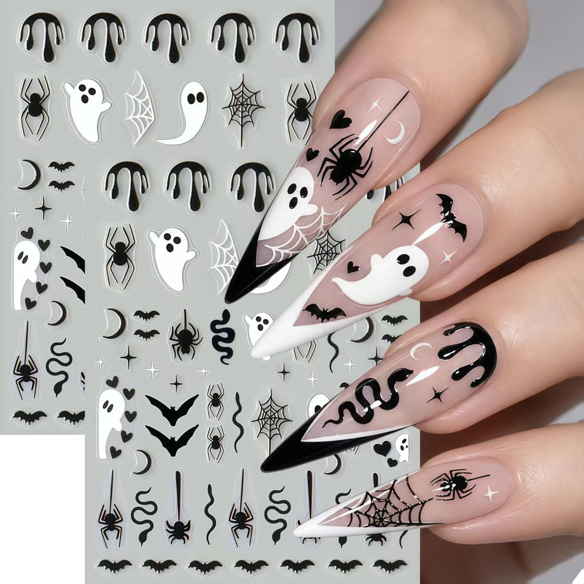 Halloween Nail Stickers Set - 6 Sheets Bat Spider Spider Web Multicolor