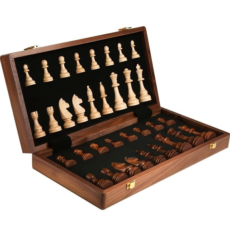 15-Inch Folding Walnut Chess Set with Storage and Travel Case