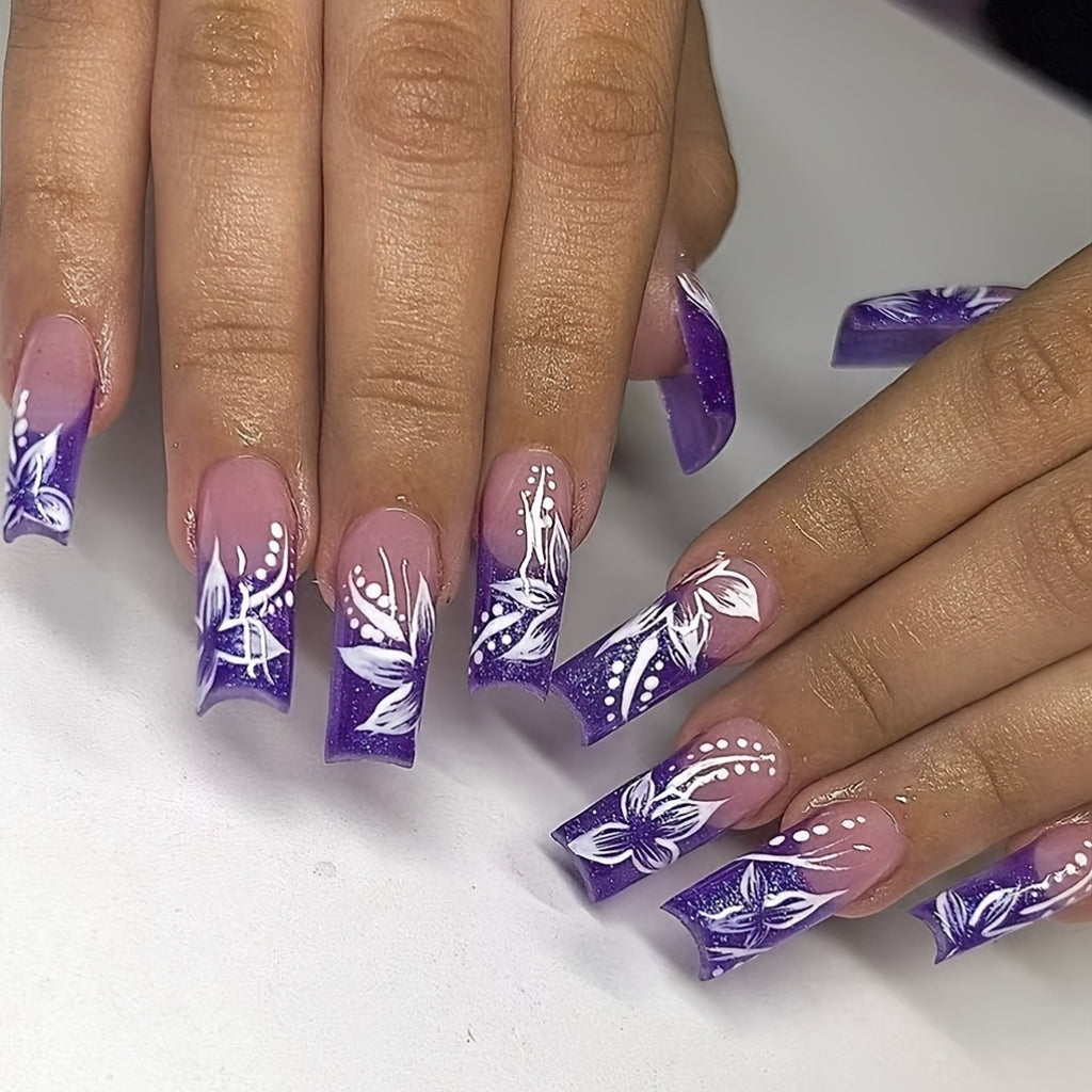 48Pcs Deep Purple Gradient Fake Nail Set with Handpainted Flower Design