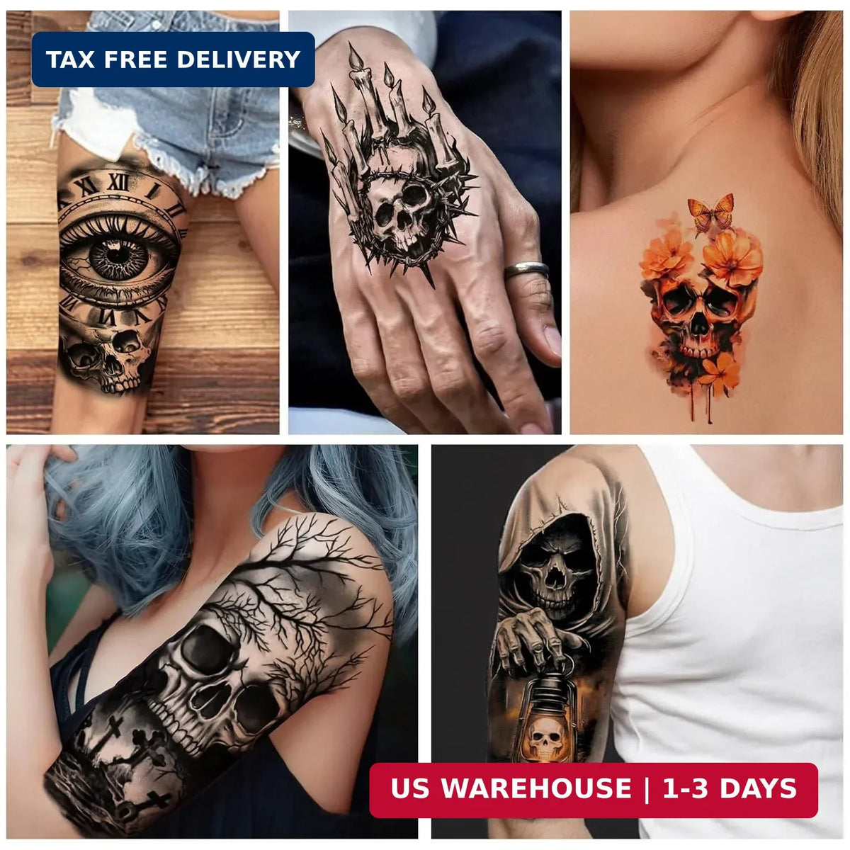 Temporary Tattoos 77 Sheets Skeleton Skull Set for Adults, Large & Small Sizes