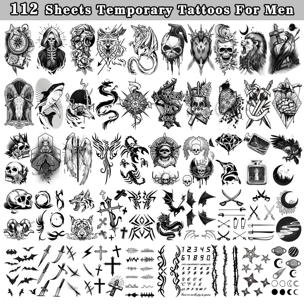 112 Sheets Temporary Tattoos for Men - Waterproof Body Art Stickers 360+ Designs