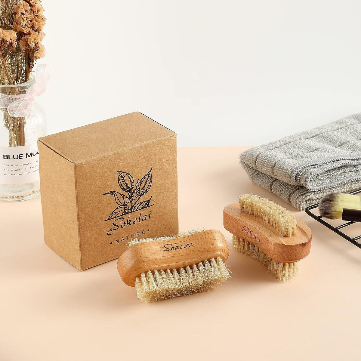 Wooden Nail Brush Set for Manicure & Pedicure - 2 Pieces Natural Bristle