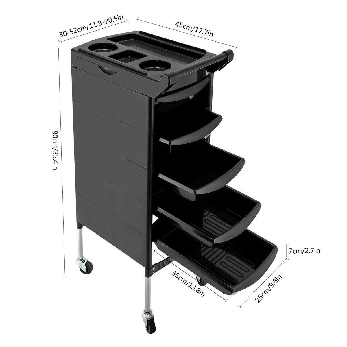 Salon Trolley Cart with 5 Drawers & Storage Trays for Hair Styling Equipment