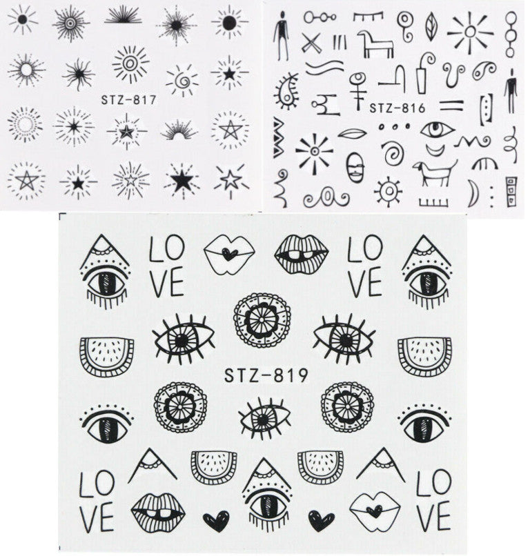 Black Evil Eye Nail Water Transfer Stickers - Sun Pattern, 3 Sheets