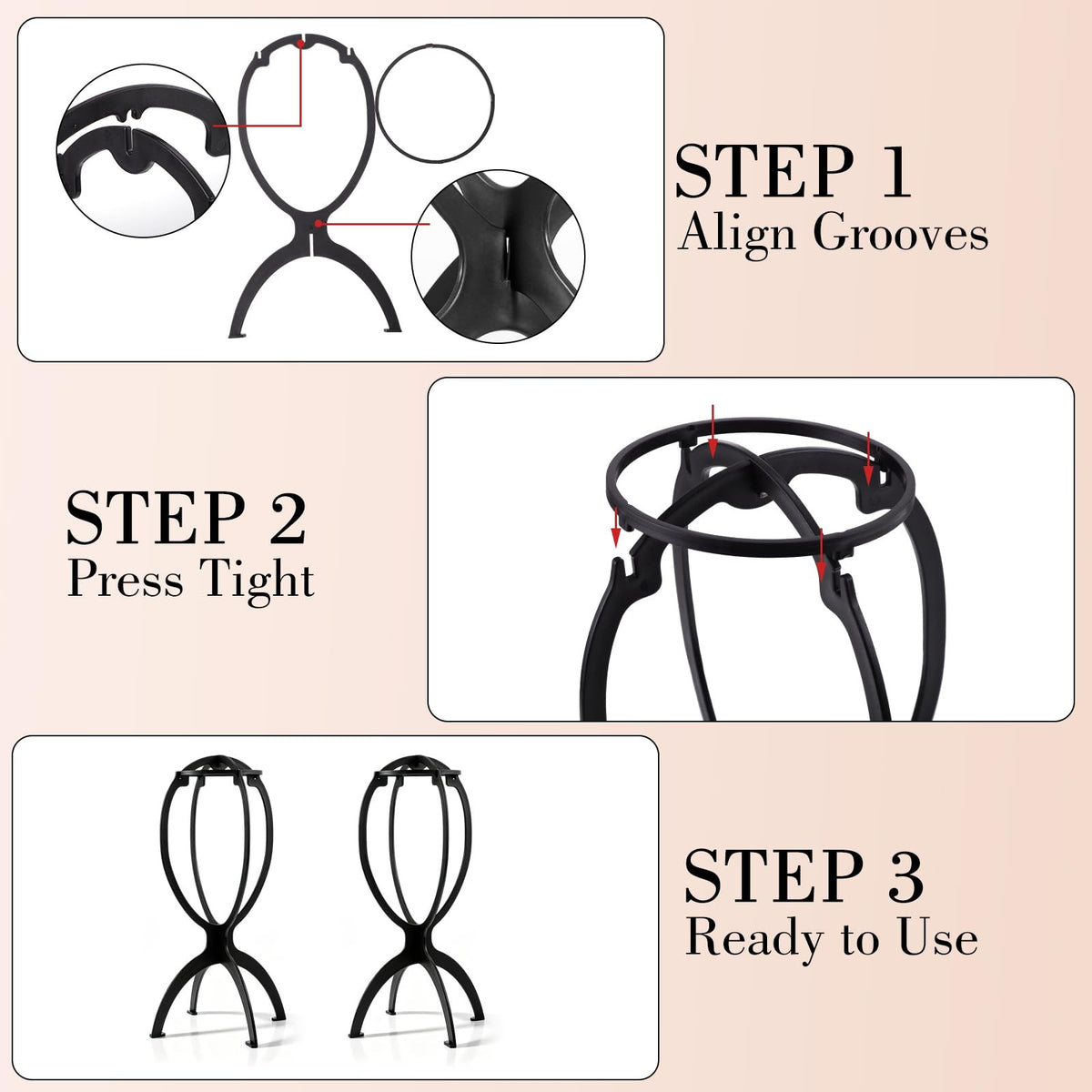Portable Wig Stand Holder 2 Pack Travel Salon & Home Use Black