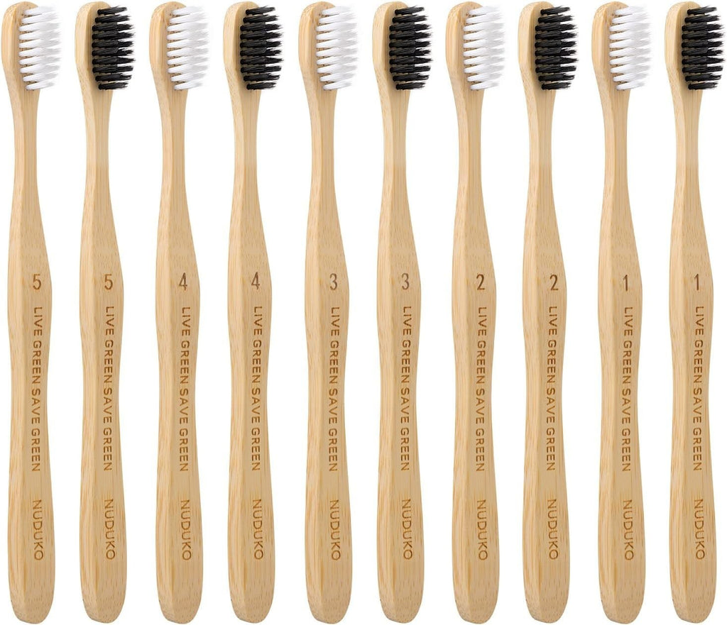 Eco-Friendly Bamboo Toothbrushes Pack of 10 with Charcoal Soft Bristles