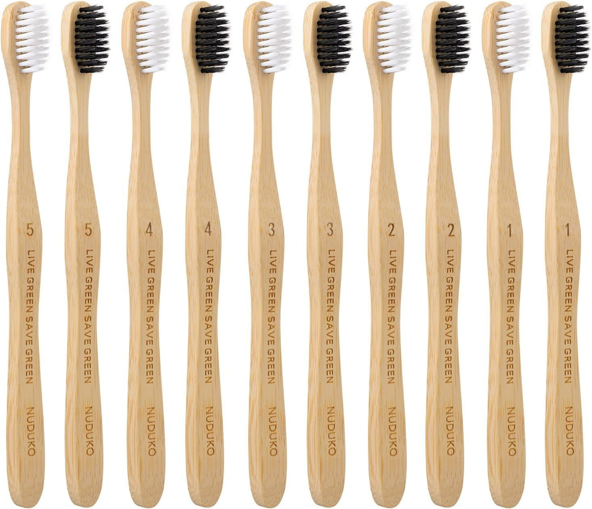 Eco-Friendly Bamboo Toothbrushes Pack of 10 with Charcoal Soft Bristles