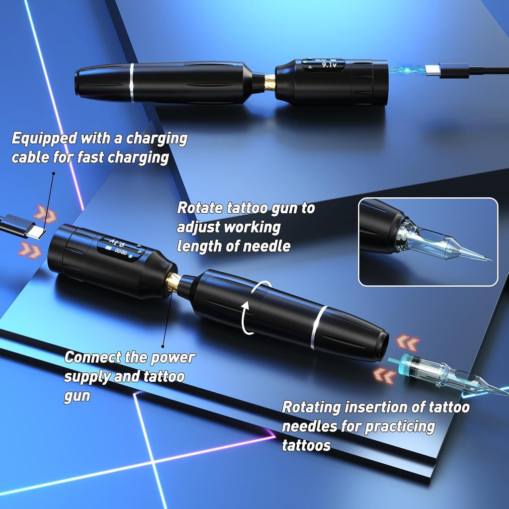 Eyebrow Microblading Tattoo Kit - Wireless Professional Microblade Machine, 50 Cartridges, 7 Inks